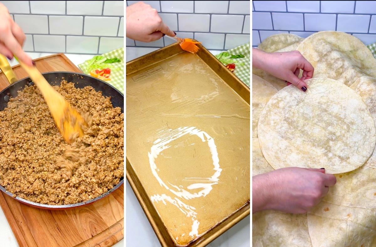 three step cooking photo. 1 cooking ground beef. 2 brushing oil a sheet pan. 3 arranging tortillas on the sheet pan.