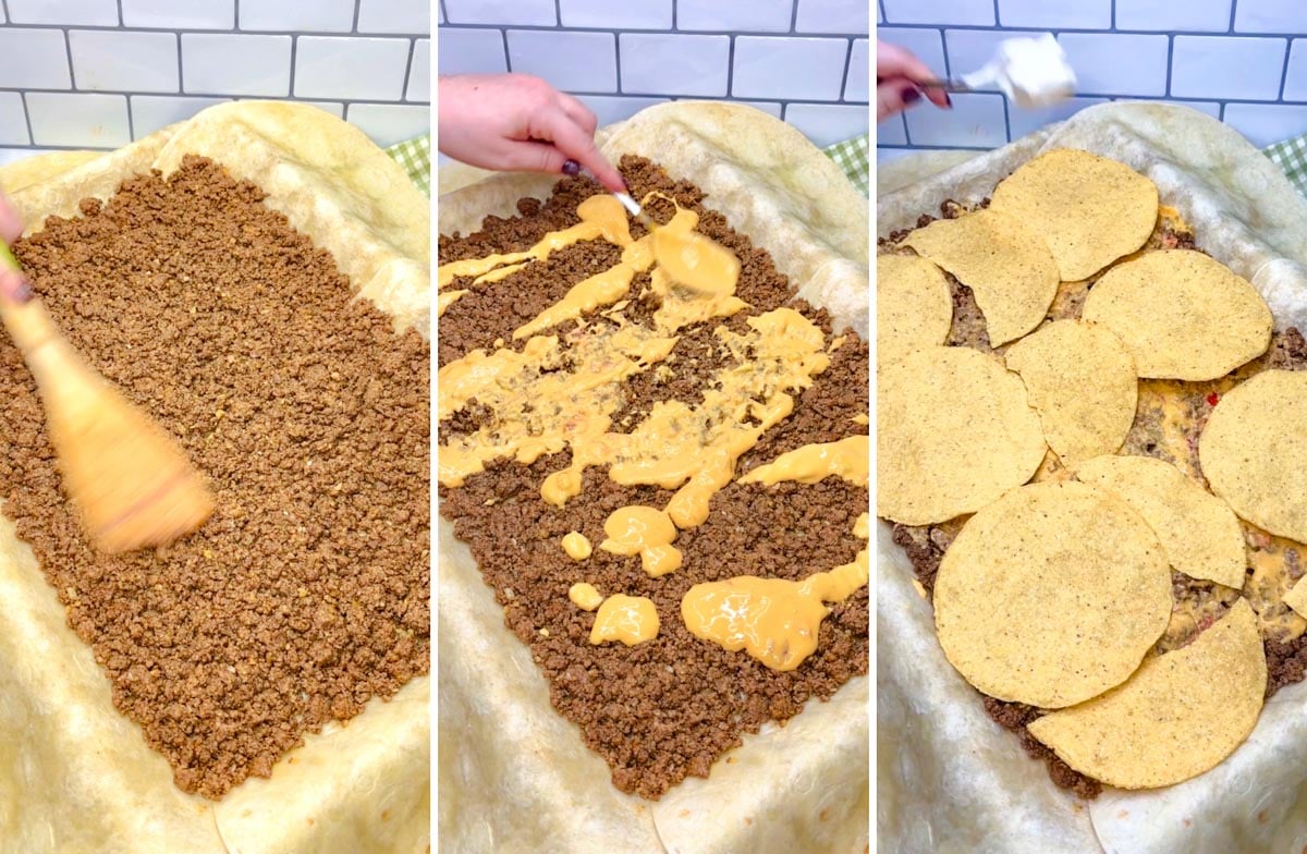 three step cooking photo. 1 spreading the ground beef on the tortillas. 2 topping the beef with queso. 3 tostadas spread on top of the meat layer.