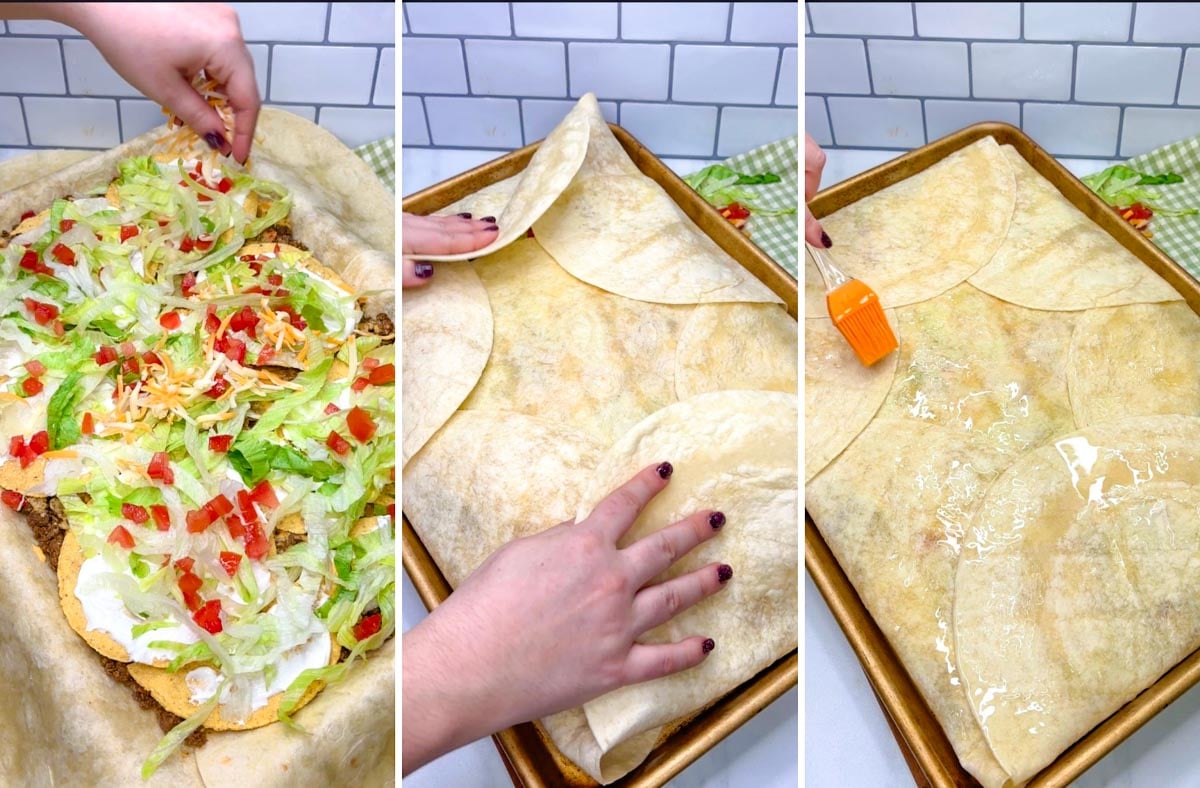 three step cooking photo. 1 sour cream, lettuce, tomato and cheese added on top of the tostadas. 2 the tortillas folded over to seal. 3 oil brushed on the tortillas.