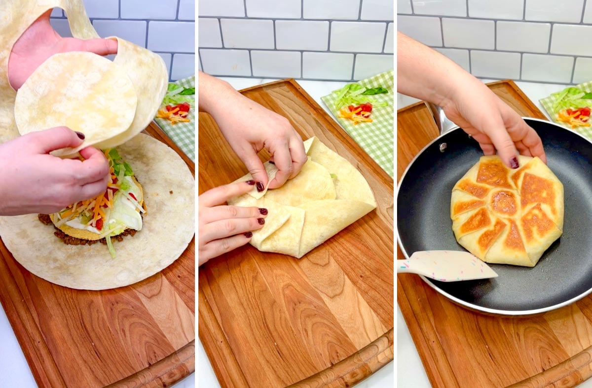 three step cooking photo. first cutting a large tortilla into a small one. second wrapping the crunchwrap. third pan frying the crunchwrap