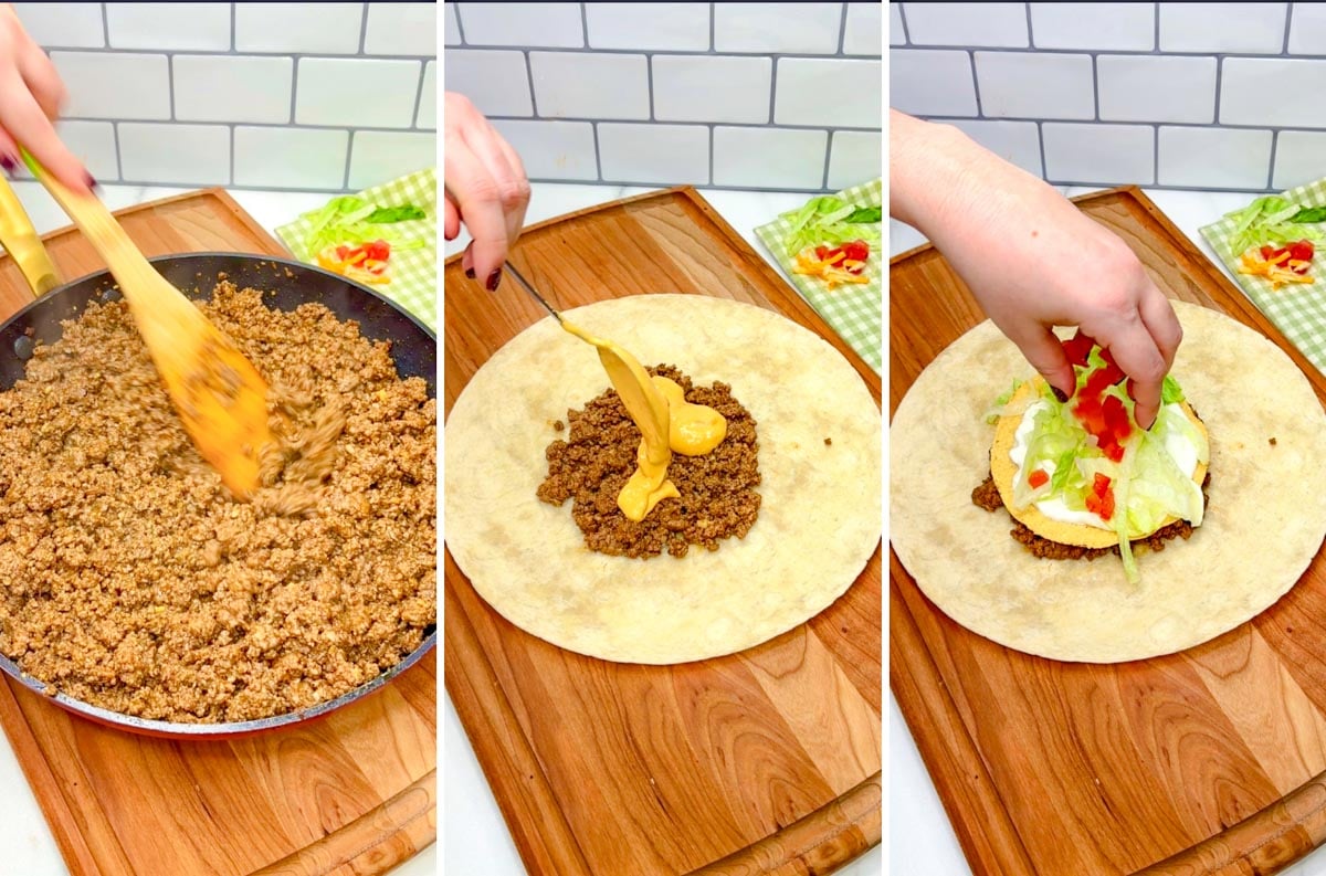 three step cooking photo. first cooking ground beef. second adding beef and queso to the tortilla. third adding tostada, lettuce, sour cream and tomato.