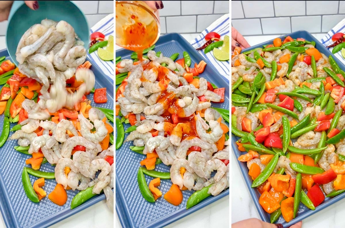 three step cooking photo with a baking tray. first everything is added to the tray. second the sauce is poured on top. third everything is tossed in the sauce