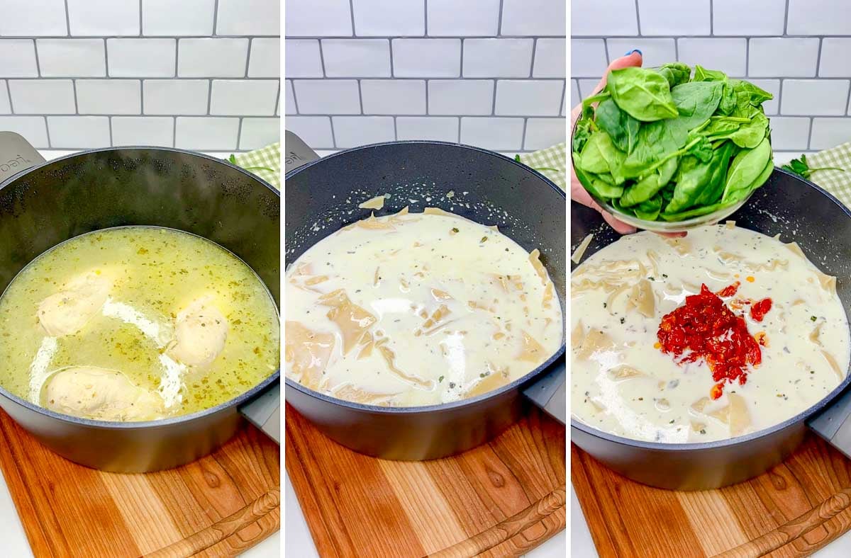 three step cooking photo showing adding the ingredients to a pot to make white chicken lasagna soup