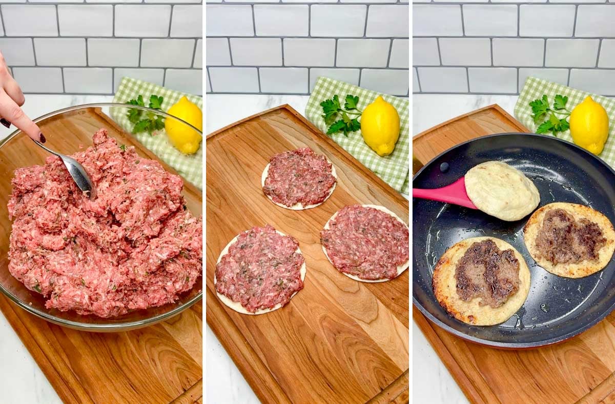 three step cooking photo. first seasoning the ground beef. second spreading the beef on tortillas. third is pan frying the tacos.