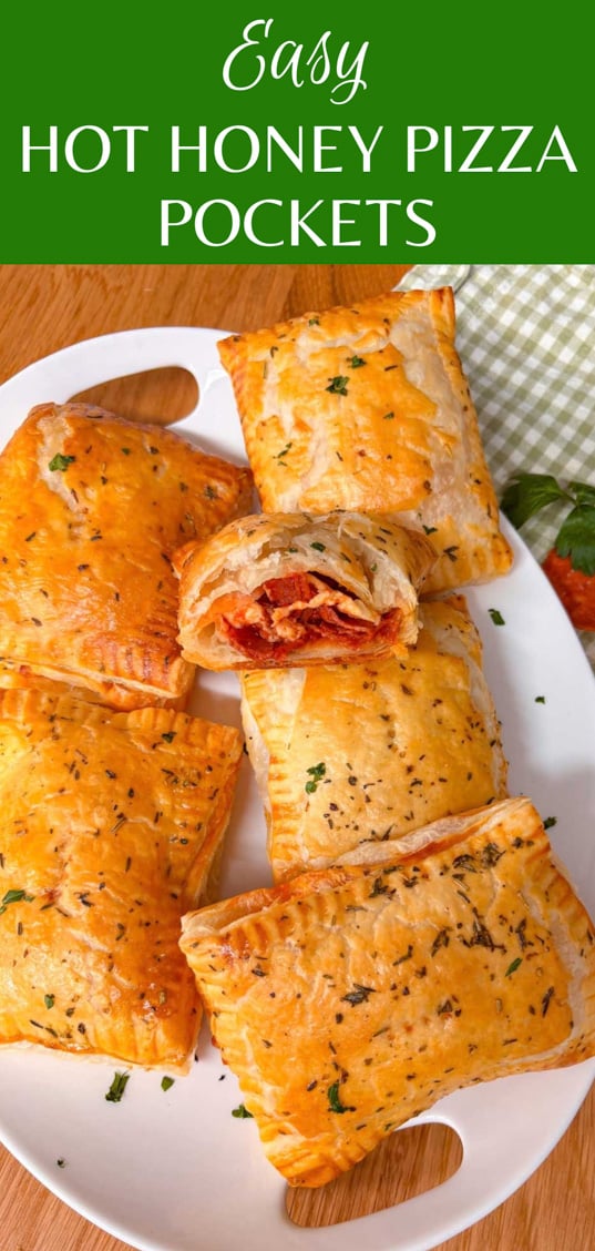 pinterest image with a tray of hot honey pizza pockets and text overlay of the recipe name