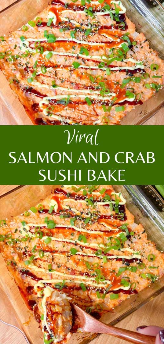 a square glass baking dish is filled with a spicy salmon and crab sushi bake. it is garnished with eel sauce, sriracha, kewpie mayo, green onions, and furikake.