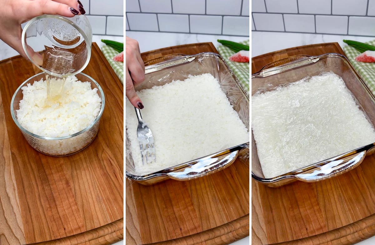 three step cooking photo. first seasoning sushi rice. second pressing the rice into a square tray with plastic wrap. third covering the rice with plastic wrap.