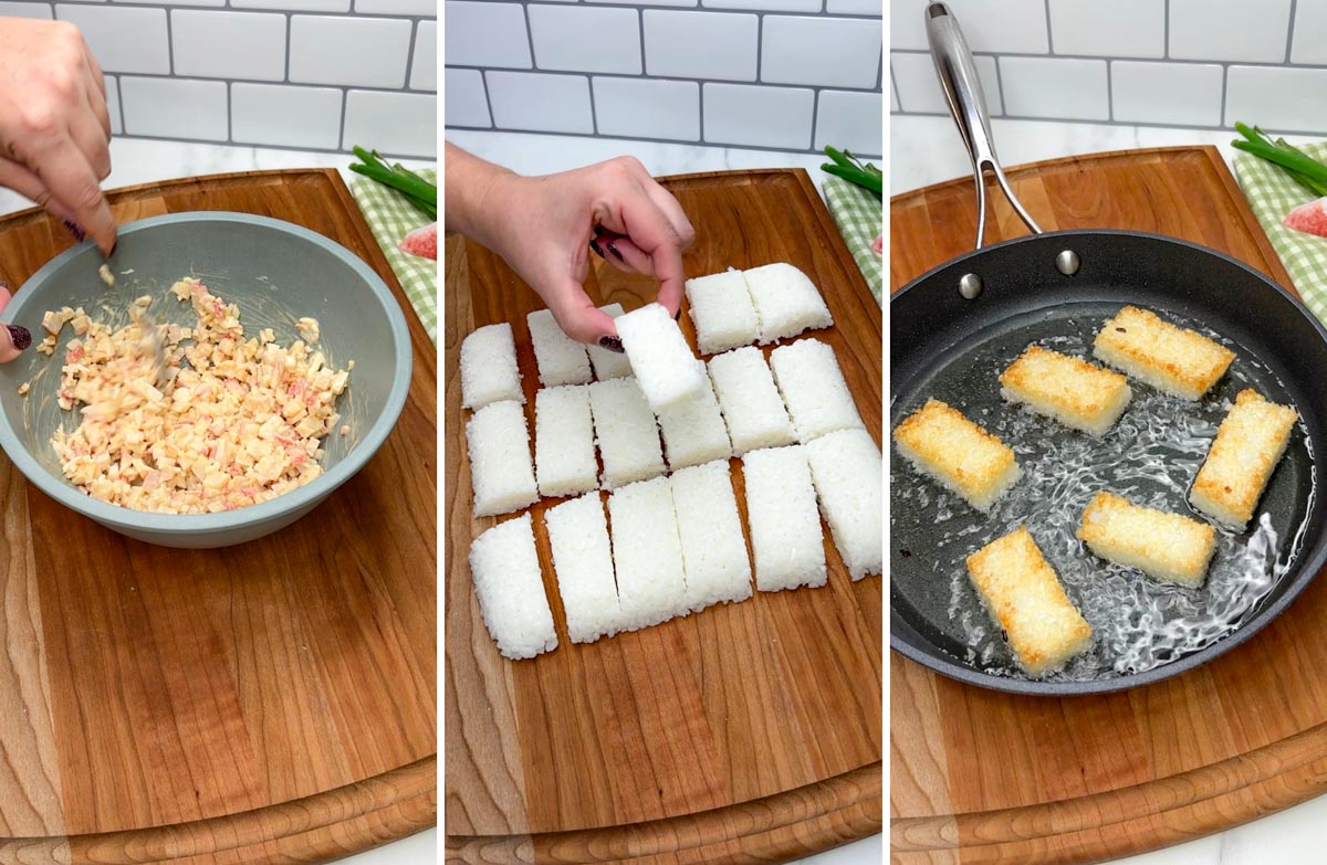 three step cooking photo. first mixing the spicy crab mixture together. second slicing the sushi rice. third pan frying the sushi rice.