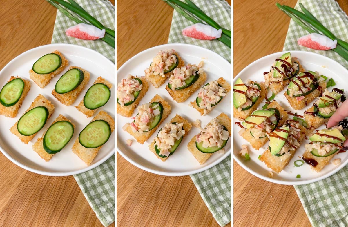three step cooking photo. first adding a cucumber slice to the crispy rice. second topping with crab. third topping with avocado and eel sauce