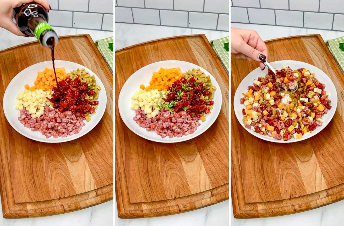 three step cooking photo at a kitchen counter. first the dip is getting a drizzle of balsamic. second all the dip ingredients in a bowl. third the dip is stirred together.