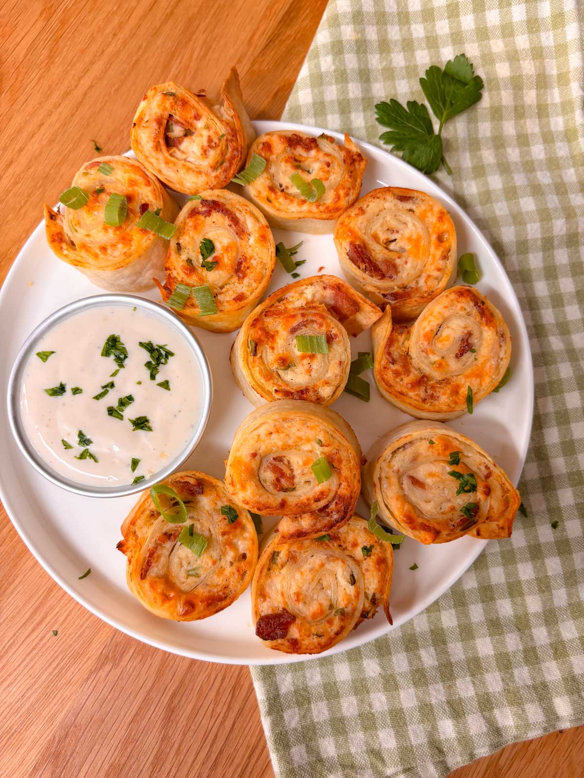 a platter with air fried chicken bacon ranch pinwheels