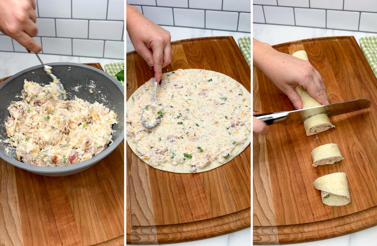 three step cooking photo. first stirring the filling together. second spreading it on a flour tortilla. third slicing the pinwheels.
