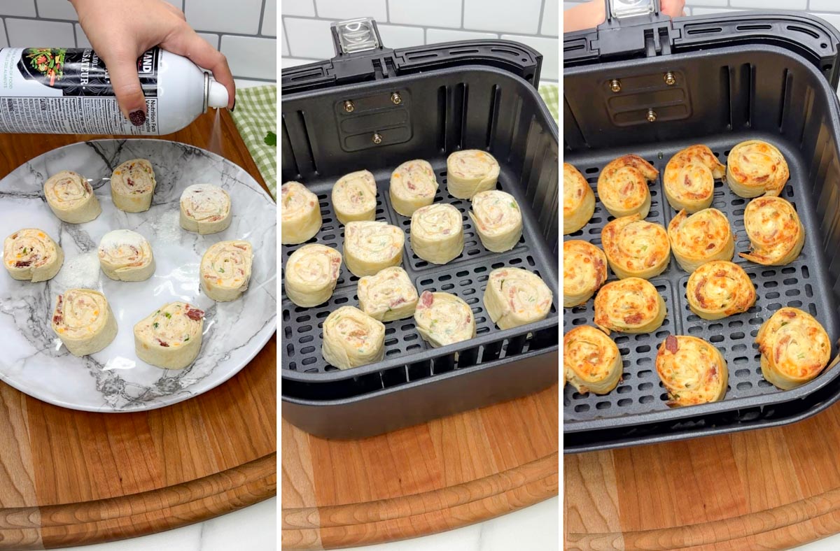 a three step cooking photo. first spraying them with cooking spray. second adding them to the air fryer. third showing them cooking in the air fryer.