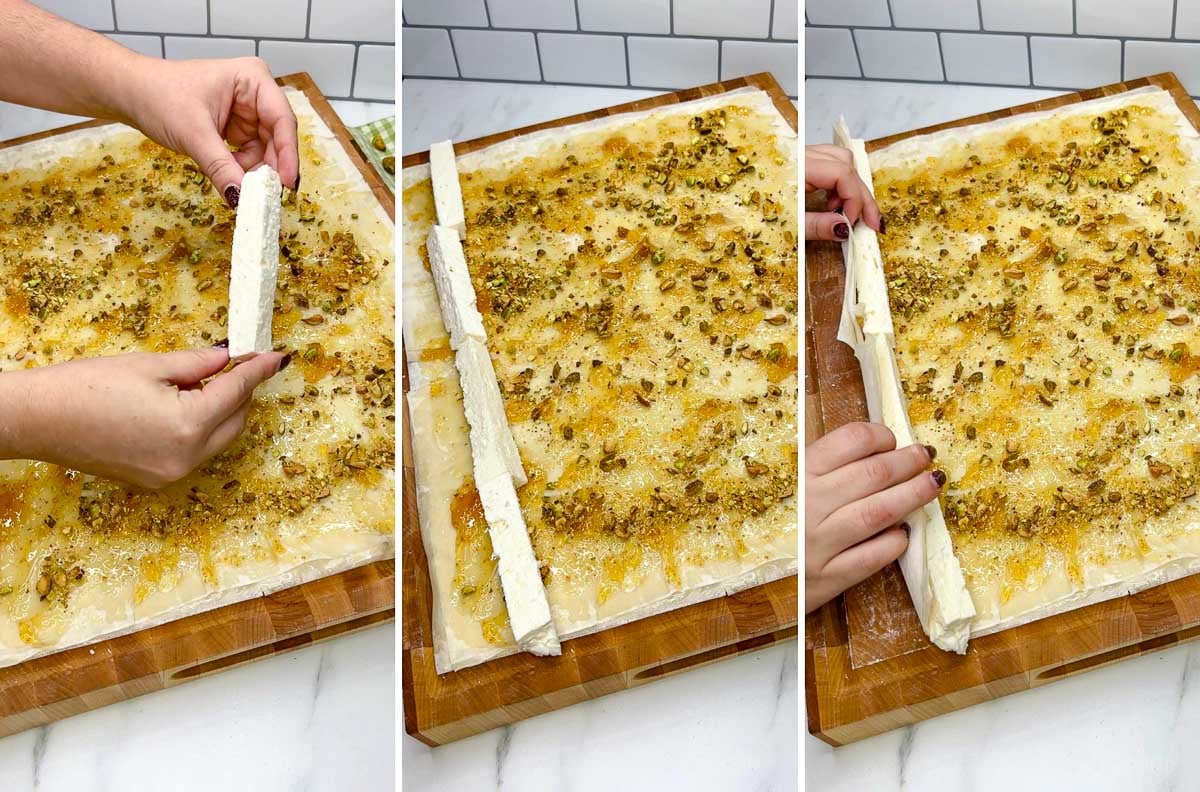 three step cooking photo. first showing the feta cut in a log. second the feta arranged in a row on the pastry. third rolling the pastry around the feta