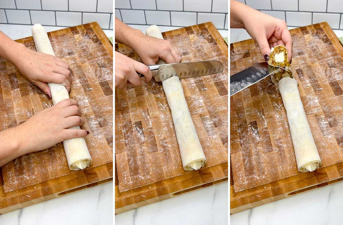 three step cooking photo. first rolling the pastry. second cutting the log. third holding a cut feta bite up.