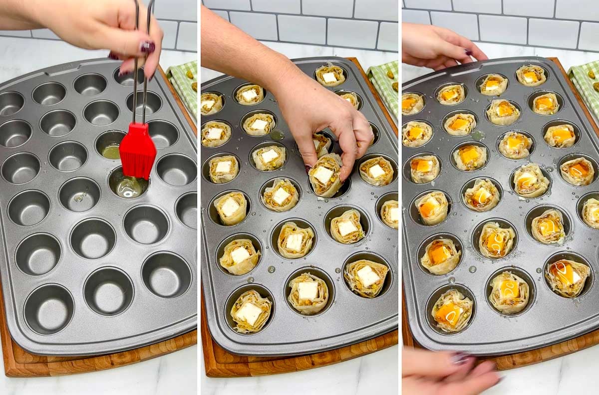 three step cooking photo. first brushing butter in the mini muffin tin, second adding the feta bites. third adding honey on top.
