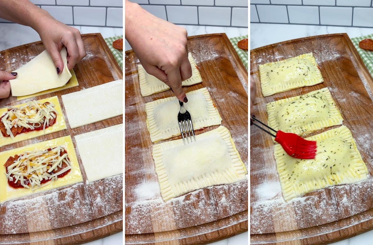 three step cooking photo. first putting a piece of pastry on top of the filled one. second using a fork to seal the edges. third brushing the tops with egg wash.