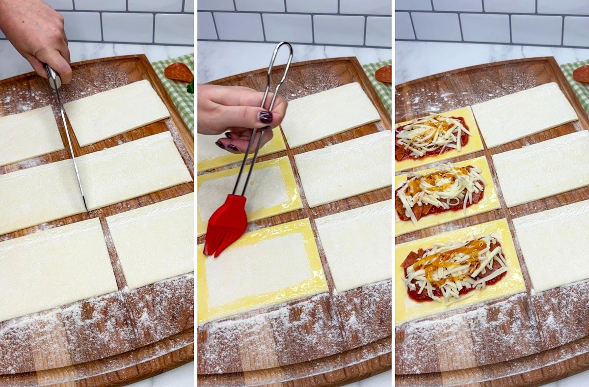 three step cooking photo. first cutting puff pastry into 6 pieces. second brushing the edges of the pastry with egg wash. third, adding the filling to the pockets.