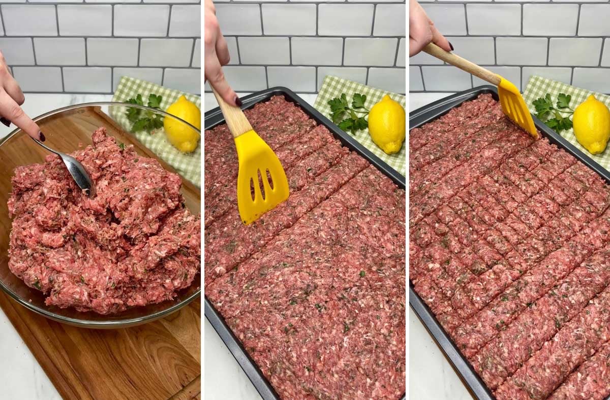 three step cooking photo . first seasoning the meat. second cutting the kebab shapes on the pan. third notching the tops of the kebab with a spatula.