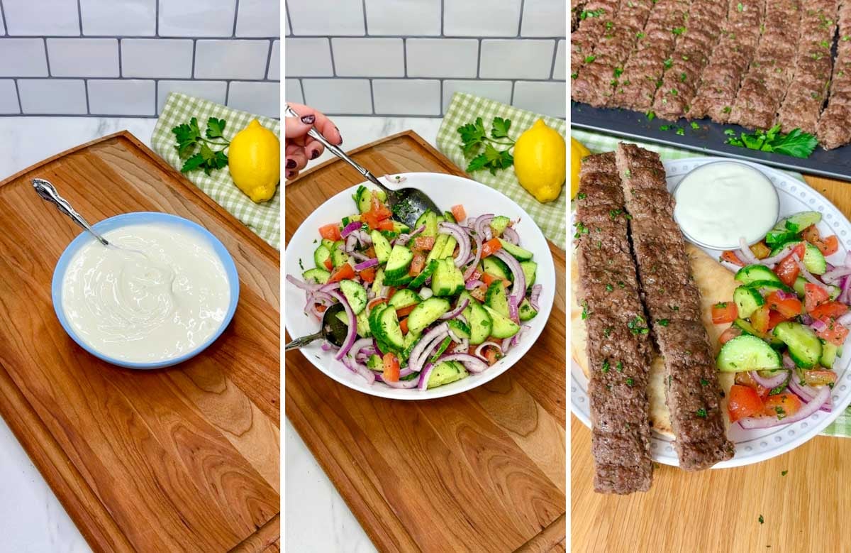 three step cooking photo. first the garlic sauce stirred. second the salad tossed. third the kebab dinner on a plate.