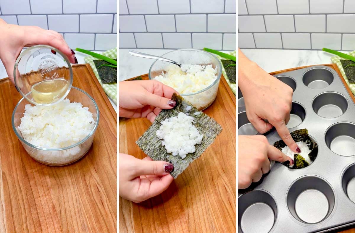 three step cooking photo. first seasoning the sushi rice. second putting rice on a square of nori. third pressing the nori into a muffin tin