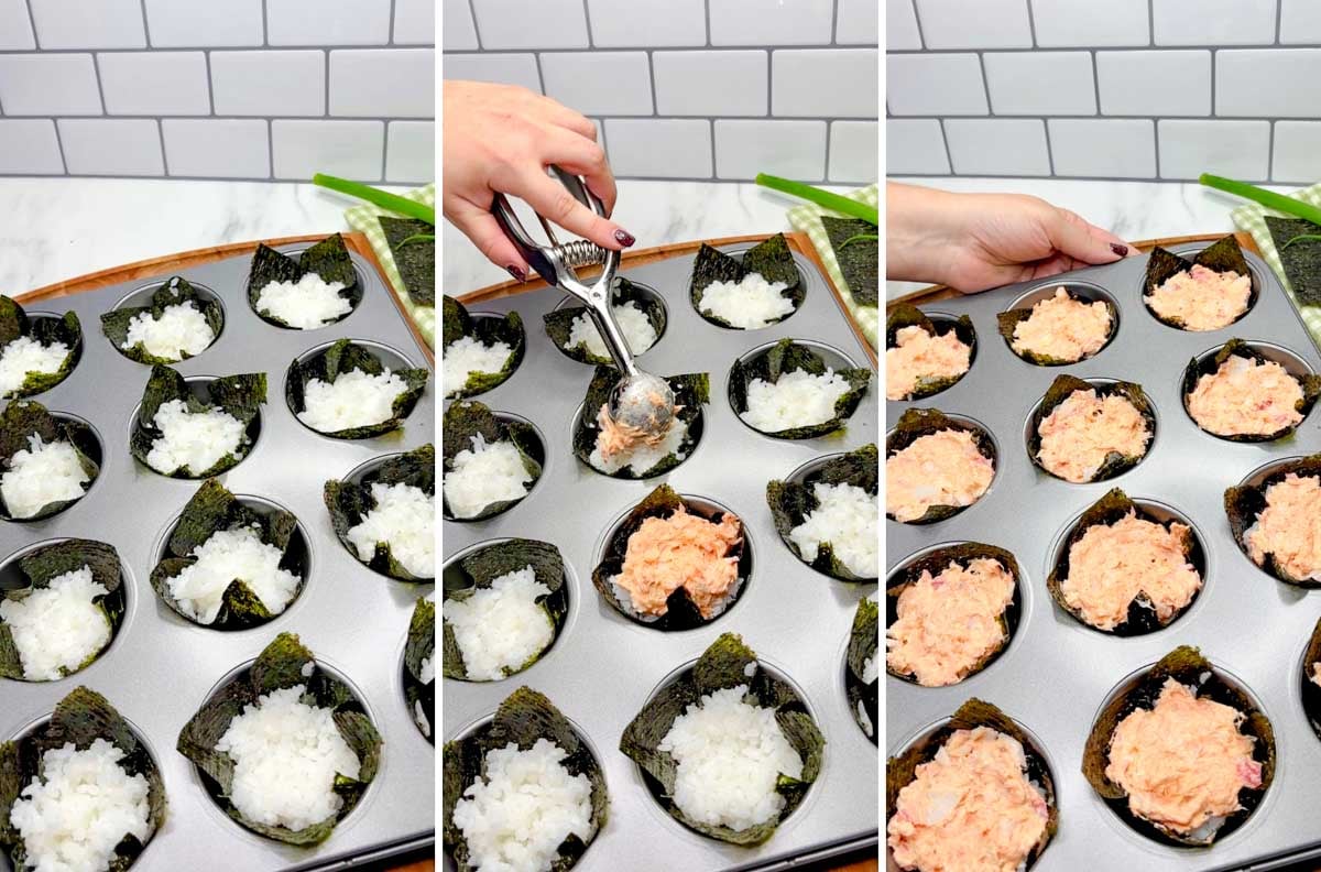three step cooking photo of a muffin tin with the rice filled nori cups being topping with the creamy topping.