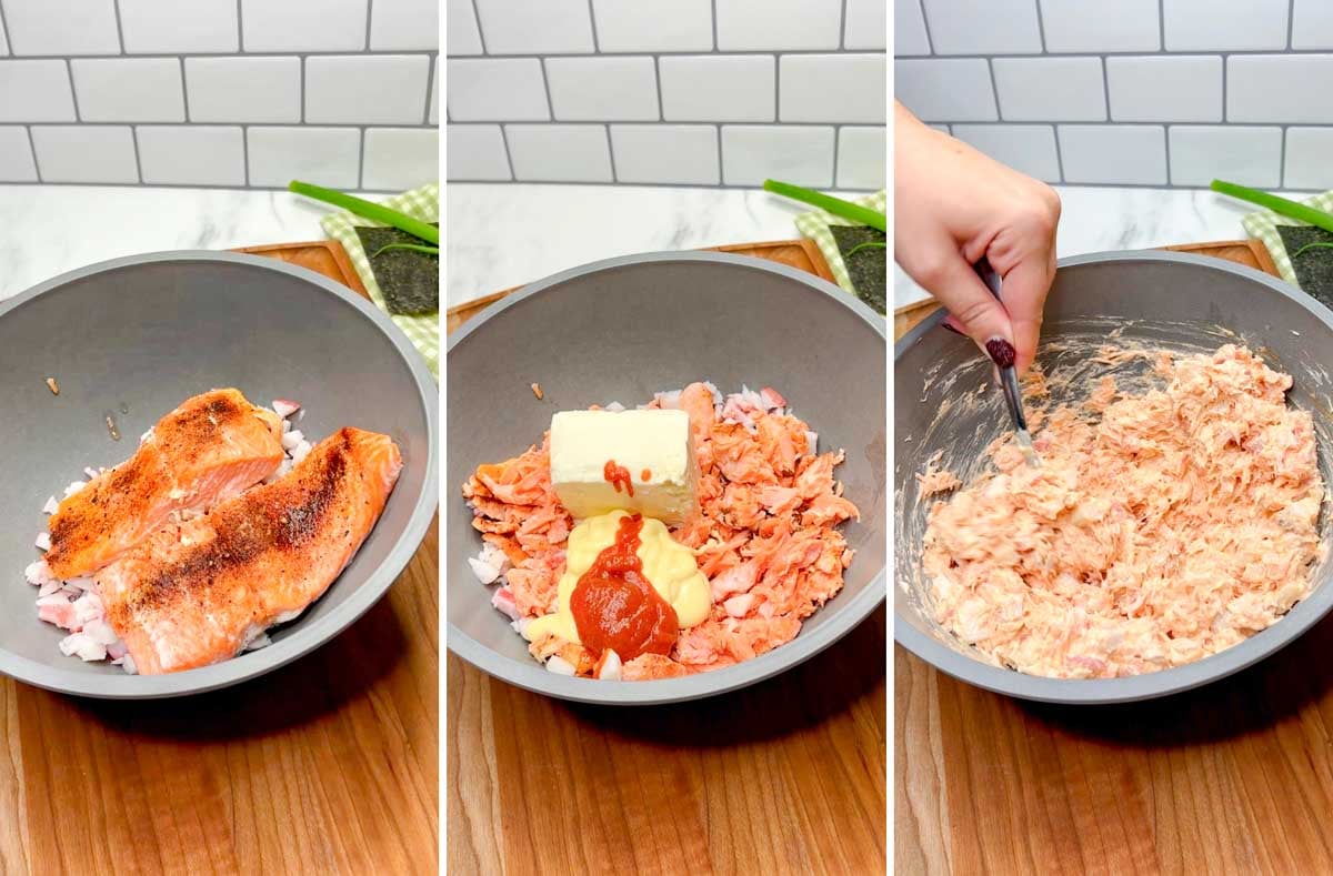 three step cooking photo showing stirring together the ingredients to make the creamy salmon and crab topping