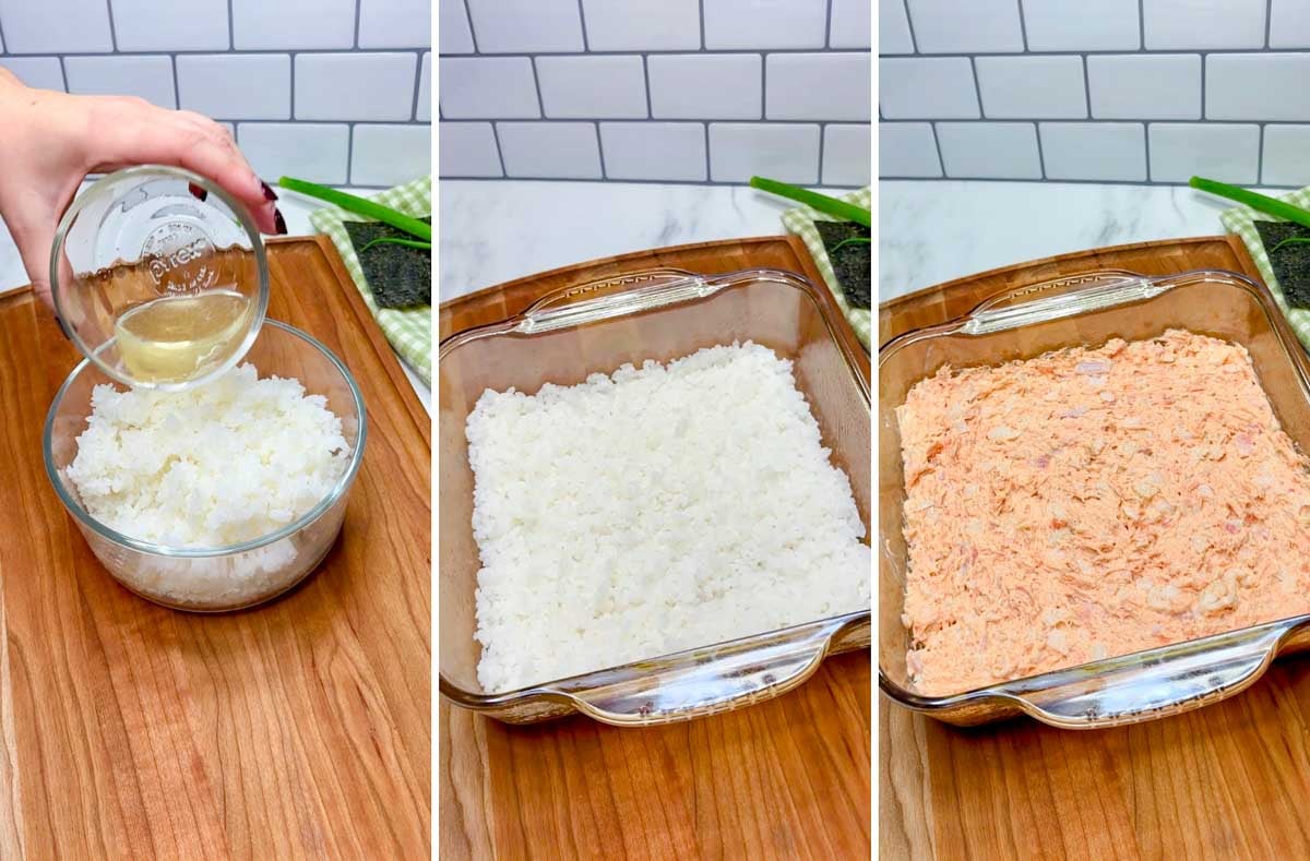 three step cooking photo. first seasoning cooked rice. second the rice is spread in a baking tray. third the spicy salmon crab topping is spread on top.
